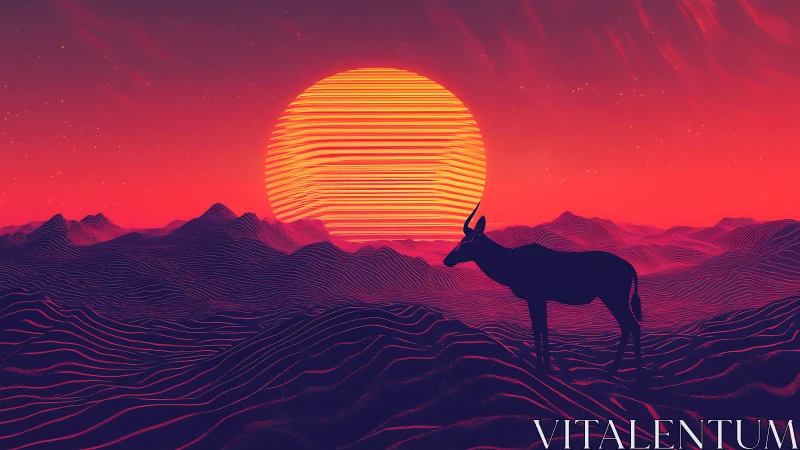 Retro-spectral antelope silhouette in neon-line desert sunset.
