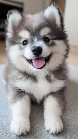 Fluffy gray and white puppy sits indoors facing camera