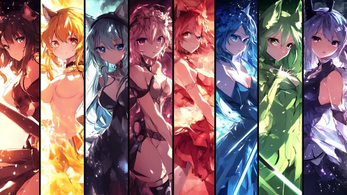 Elemental anime girls aligned in vivid vertical panels.