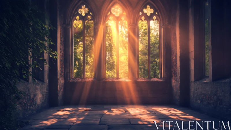 Golden morning light in a quiet ivy-touched stone hall.