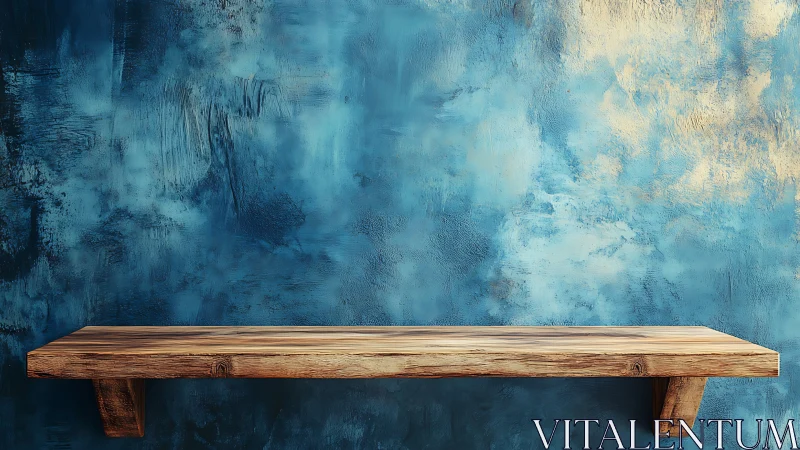 Rustic wooden shelf against textured teal plaster wall.