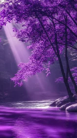 Irradiated violet riverbank with chromatic canopy and rays