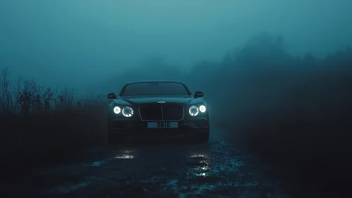 Luxury sedan headlights cut through dense nocturnal roadside fog