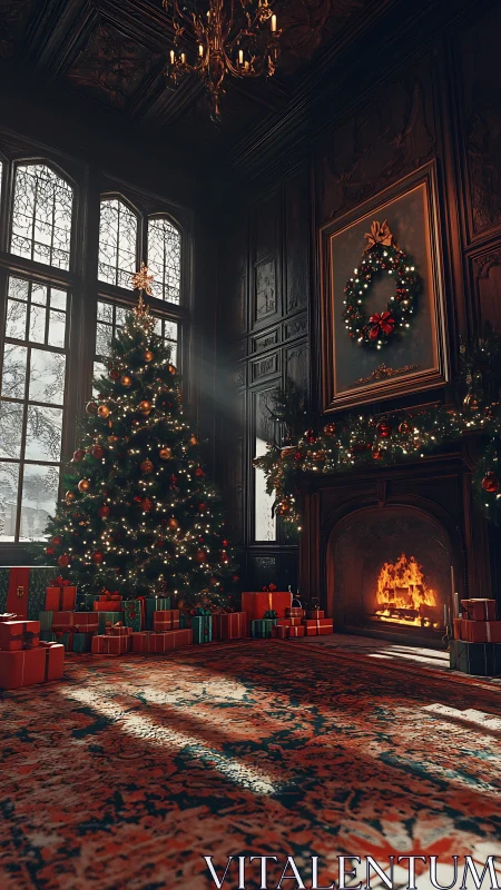 Grand manor Christmas tree beside glowing hearth fire.
