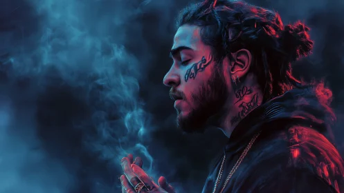 Neon-lit profile portrait in blue and red atmospheric haze.