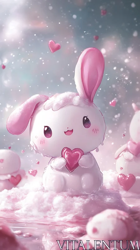 Cotton-candy bunny avatar holding luminous heart core object.