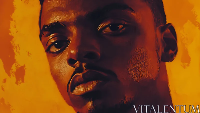 Digital portrait of male face on textured orange ground.