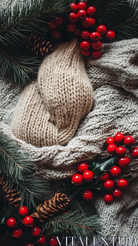 Cozy knit blanket frames winter greenery and red berries.