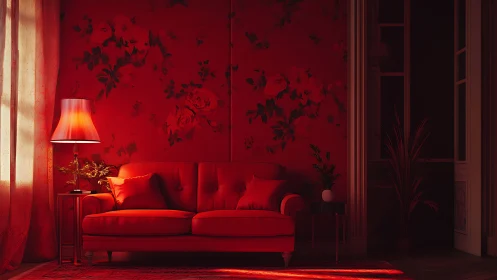 Monochromatic scarlet lounge with floral wall illumination.