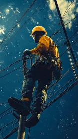 Utility line worker on pole under deep blue sky at dusk.