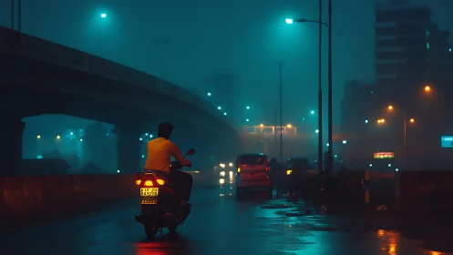 Motorcyclist on wet urban flyover under blue streetlights.