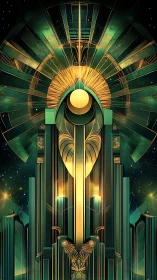 Radiant Art Deco spire beneath celestial emerald halo.