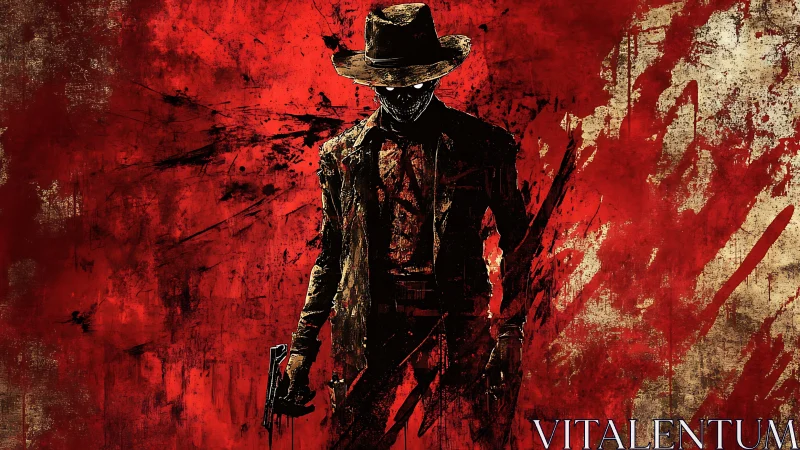 Silhouetted gunman in hat against distressed red field.