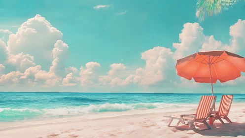 Sunlit striped loungers rest beneath a bold coral umbrella