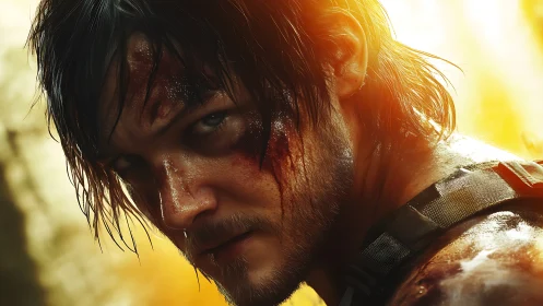 Battle-worn soldier glares through blazing golden sunlight.