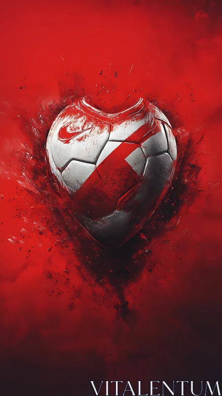 Cracked silver football heart ignites within crimson smoke.