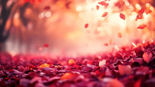 Crimson leaves waltz through glowing autumn haze at dusk
