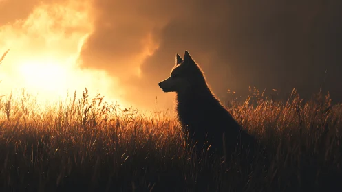Golden sunset gently frames a calm dog watching the horizon