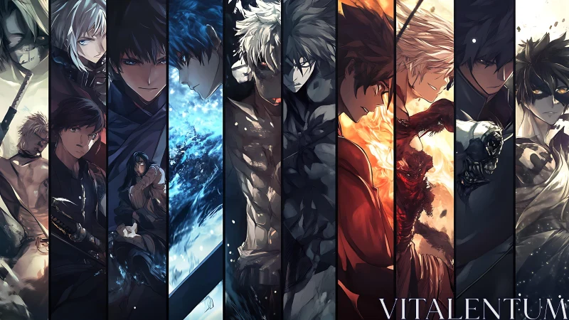 Elemental anime warriors framed in vertical cinematic panels.
