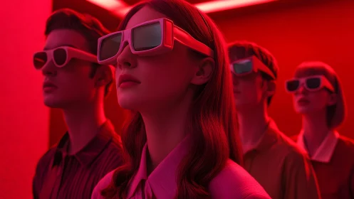 Group of Young Adults in 3D Glasses Under Neon Red Light, Futuristic Style.
