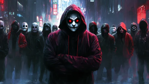 Midnight masked crowd in neon-lit rainy city street.