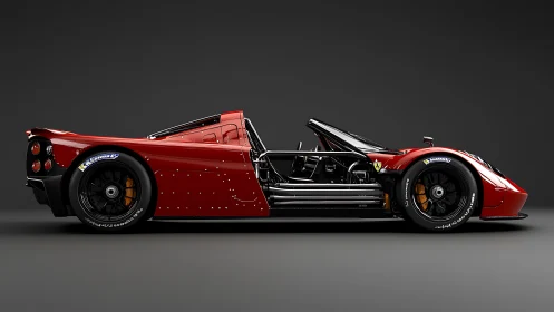 Red track-ready supercar reveals exposed racing chassis profile.