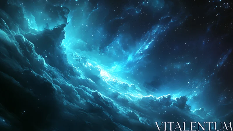 Blue cosmic cloudscape with bright nebula glow in space.