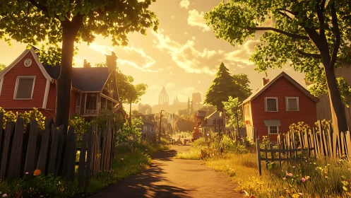 Golden-hour low-poly suburban street renders stylized depth cues