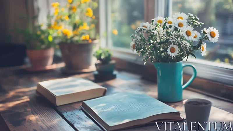 Sunlit Window Study with Daisies and Literature Objects.