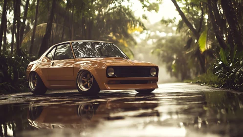 Modified vintage coupe parked on wet tropical roadway.