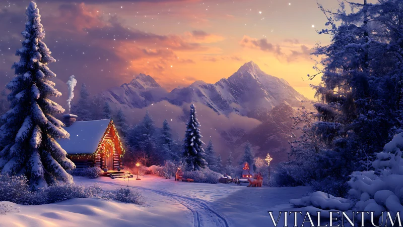 Snow laden cabin glows beneath alpenglow sky and distant peaks