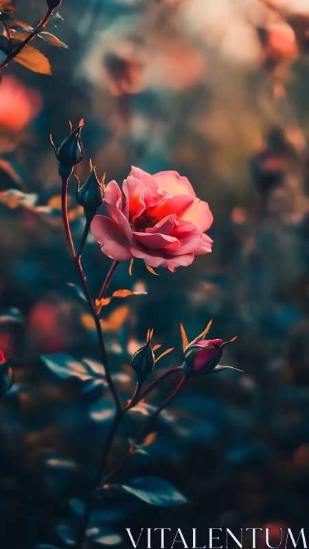 Pink Rose Blooms Against Soft Depth. Golden Afternoon Light.