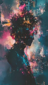 Neon cyber silhouette dissolving into abstract city lights.