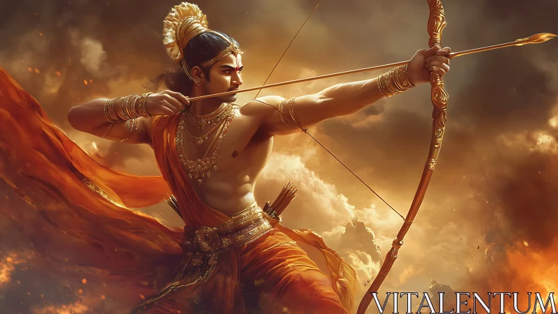 Mythic archer figure in dynamic pose amid fiery clouds.