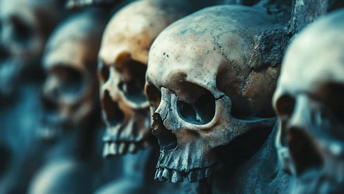 Row of weathered human skulls in shallow depth of field.