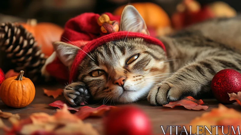 Tabby Cat in Red Hat Among Autumn Decorations.