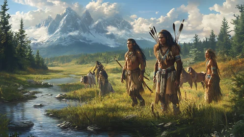 Indigenous hunters crossing alpine river under towering peaks.