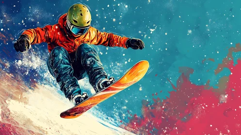 Snowboarder carves vibrant powder with dynamic spray.