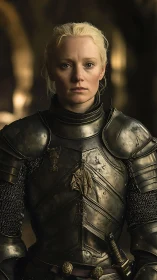Blonde female knight stands in worn steel plate armor