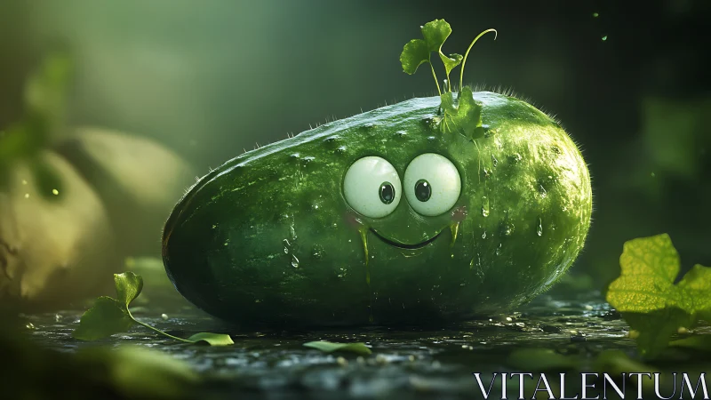Smiling anthropomorphic cucumber resting on wet garden soil