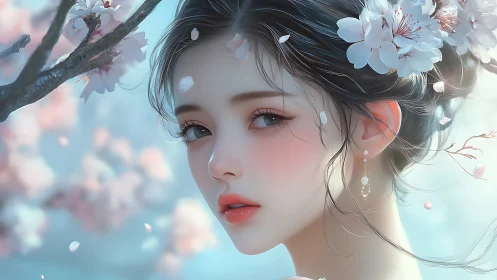 Soft spring gaze beneath drifting cherry blossoms.