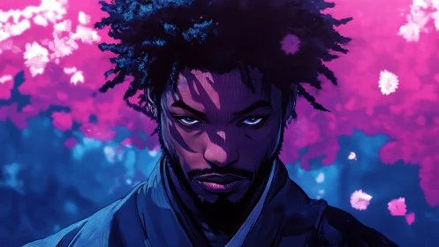 Digital portrait of focused man before pink foliage.