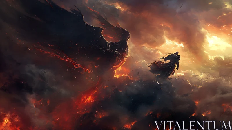 Solitary armored figure amid dark fiery cloud formation.