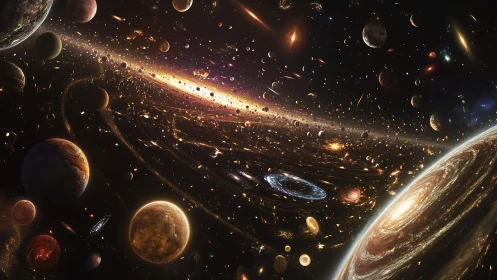 Galaxies swirl like golden storms in a crowded cosmic sea