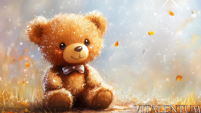 Sunlit teddy bear quietly daydreams in a sparkling meadow