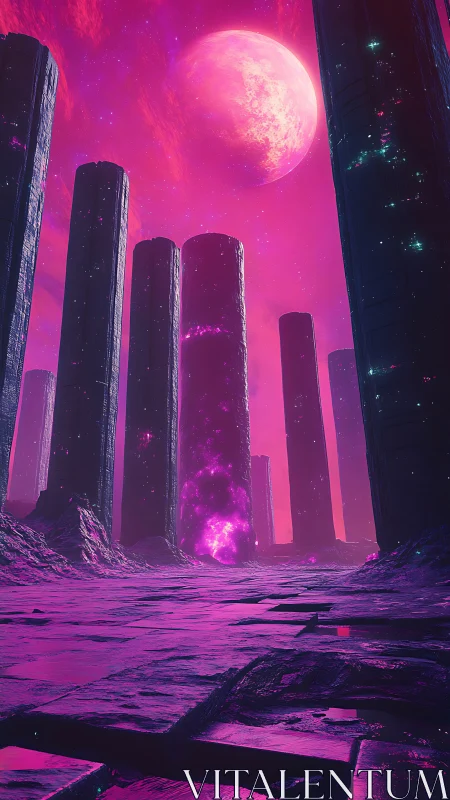 Neon alien landscape with stone pillars and glowing moon.