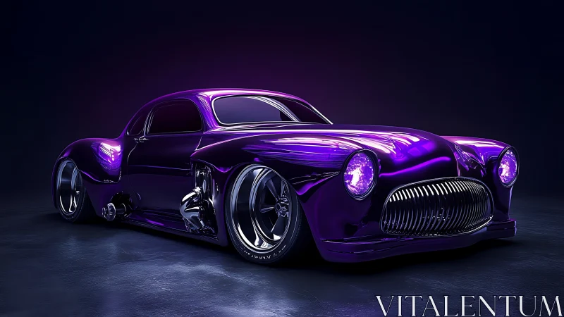High-gloss purple custom coupe rendered with HDR reflections and neon optics