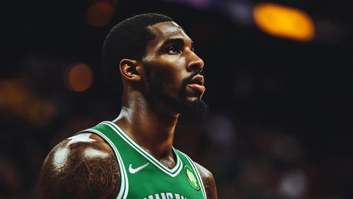 Basketball player in green jersey under arena lights.