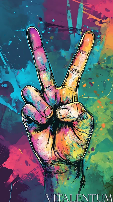 Colorful peace hand reaching out with bold, joyful energy.