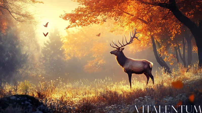 Majestic stag standing in glowing autumn forest light.